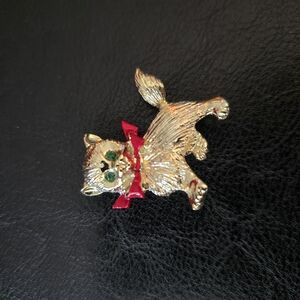 Gold Cat Brooch with Red Bow